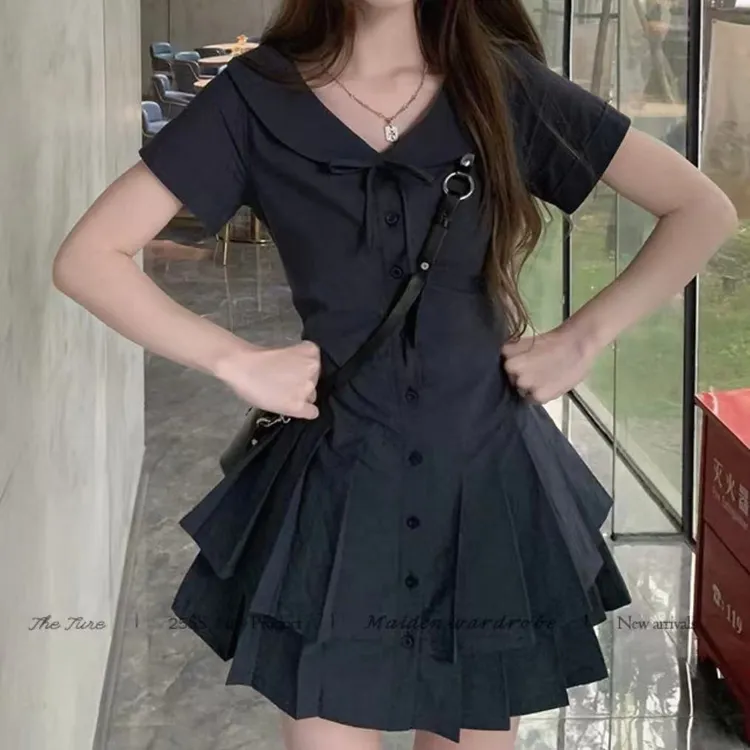 韩系学院显白藏青收腰衬衫连衣裙显瘦夏短袖百搭设计感2025新款女