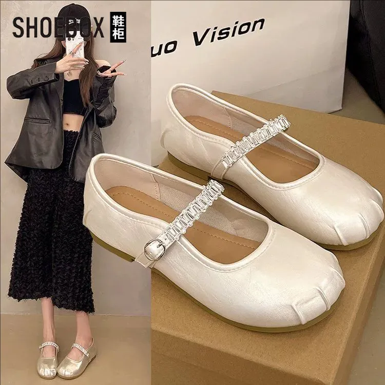 SHOEBOX鞋柜软底浅口玛丽珍女鞋2025夏秋新款褶皱平底芭蕾单鞋