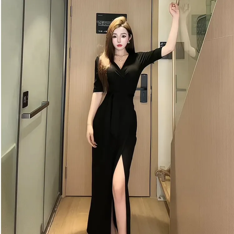 御姐风V领遮肉显瘦开叉长裙夏季高级感名媛收腰绑带一片式连衣裙