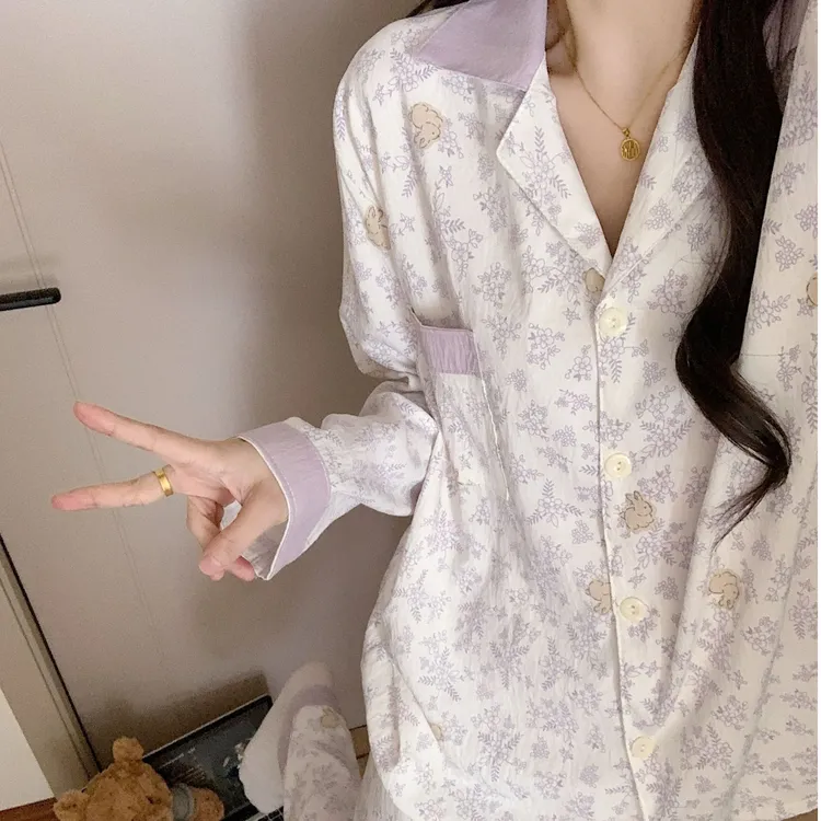 【长袖紫色碎花】春秋长袖碎花云朵绵可爱小兔睡衣少女套装家居服