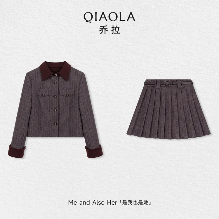 QIAOLA/乔拉【焦糖可可】秋冬季羊毛立领正肩上衣百褶短裙开叉长裙