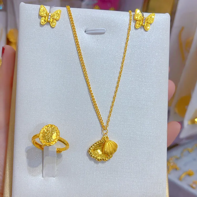 铜合金项链 1547新款三件套首饰耳环项链戒指爆款白搭时尚金色铜