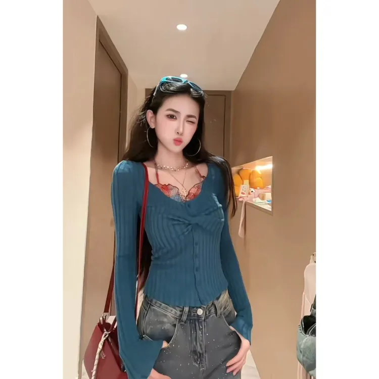 性感辣妹打底衫上衣2025秋冬新款撞色假两件扭结挂脖T恤女F01203