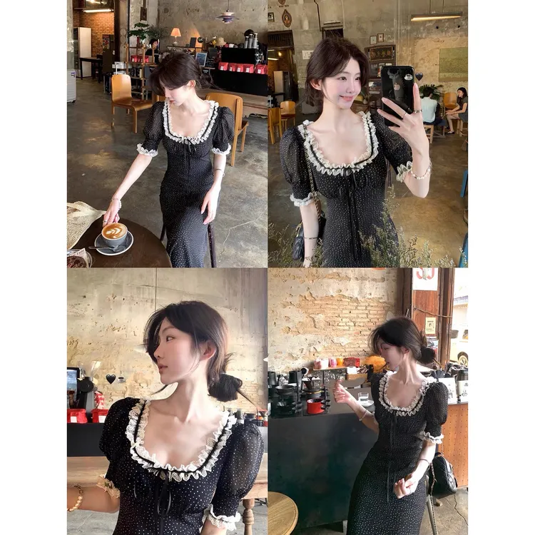 气质甜辣风蕾丝边黑色波点泡泡袖连衣裙连衣裙