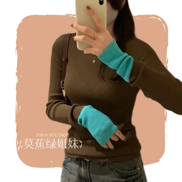 欧货独特设计别致长袖撞色针织毛衣女秋冬新款修身显瘦内搭打底衫