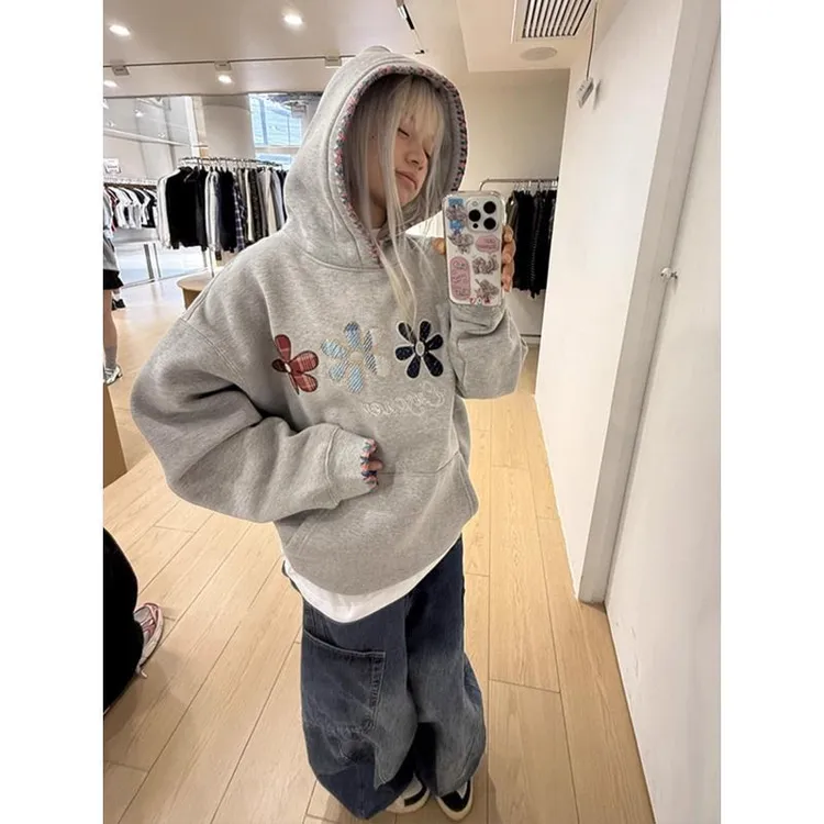 花朵刺绣连帽卫衣女秋冬爆款潮牌美式高街设计感小众休闲宽松外套