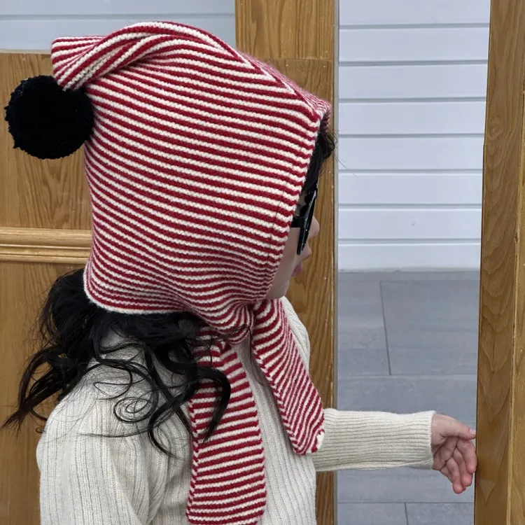 复古条纹儿童帽子围巾一体针织包头帽秋冬男童女童户外保暖护颈帽