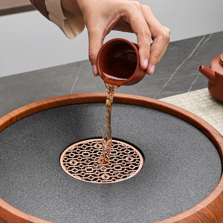 仿乌金瓷石圆形茶盘干泡盘家用轻奢茶海储水沥水盘新中式茶台托盘