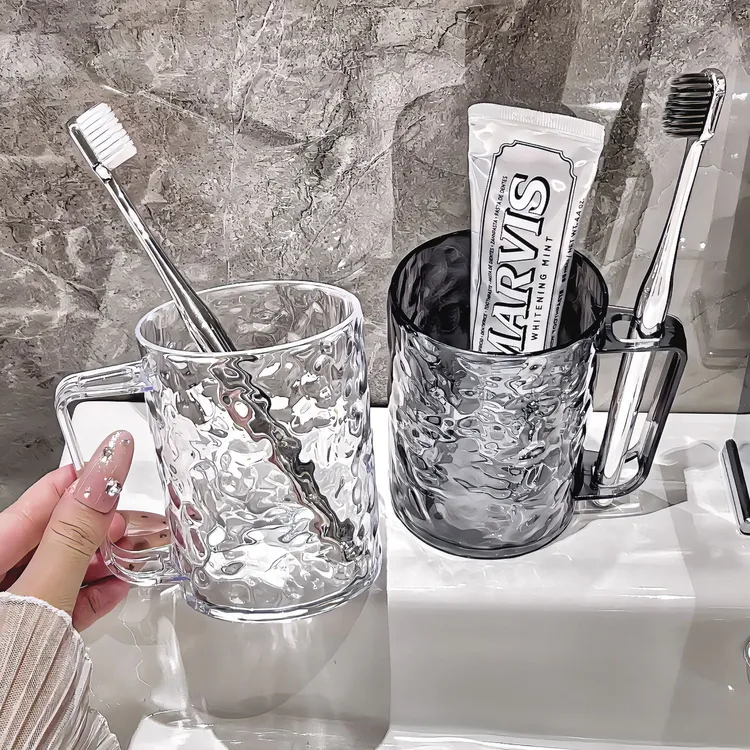 轻奢透明冰川纹漱口杯家用高颜值塑料耐高温家用冰川纹透明漱口杯