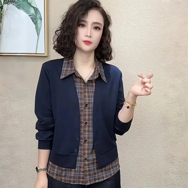 2025秋季新品时尚显瘦假两件设计感减龄拼接格子长袖气质休闲上衣