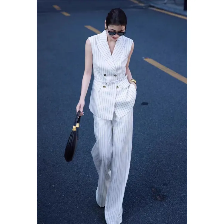 2025夏季商务女装气质条纹马甲西装配长裤两件套职业正式场合套装