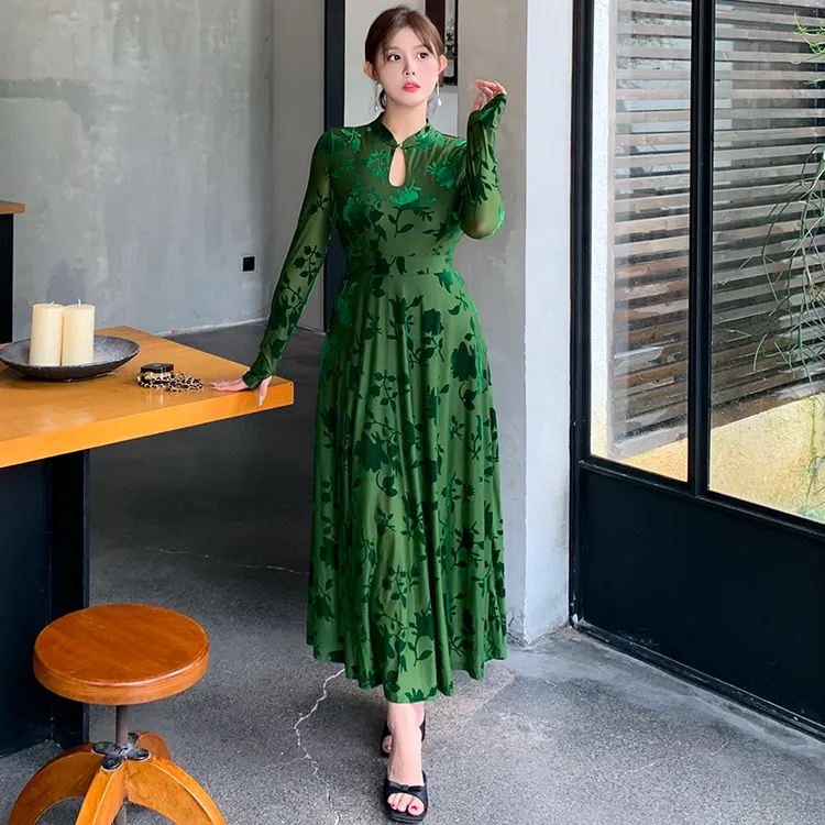 大码女装高级感网纱植绒复古中国风改良旗袍胖mm200斤连衣裙1929