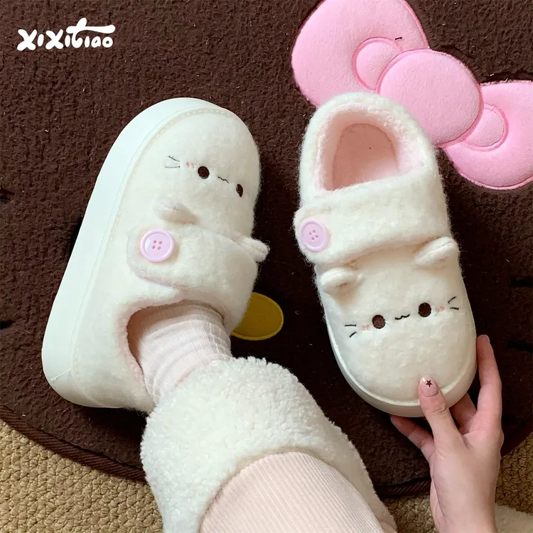 细细条 软萌小猫厚底学生加绒乐福棉鞋休闲保暖女冬户外面包鞋ins