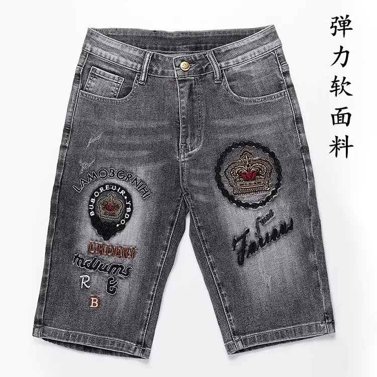 潮牌夏季薄款牛仔短裤男士五分中裤弹力刺绣皇冠百搭马裤男装新款