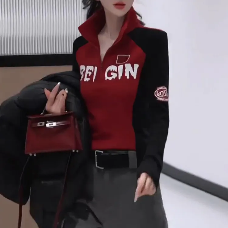 德绒打底衫女款爆款2024新款小众休闲衣服高级印花插肩袖长袖上衣