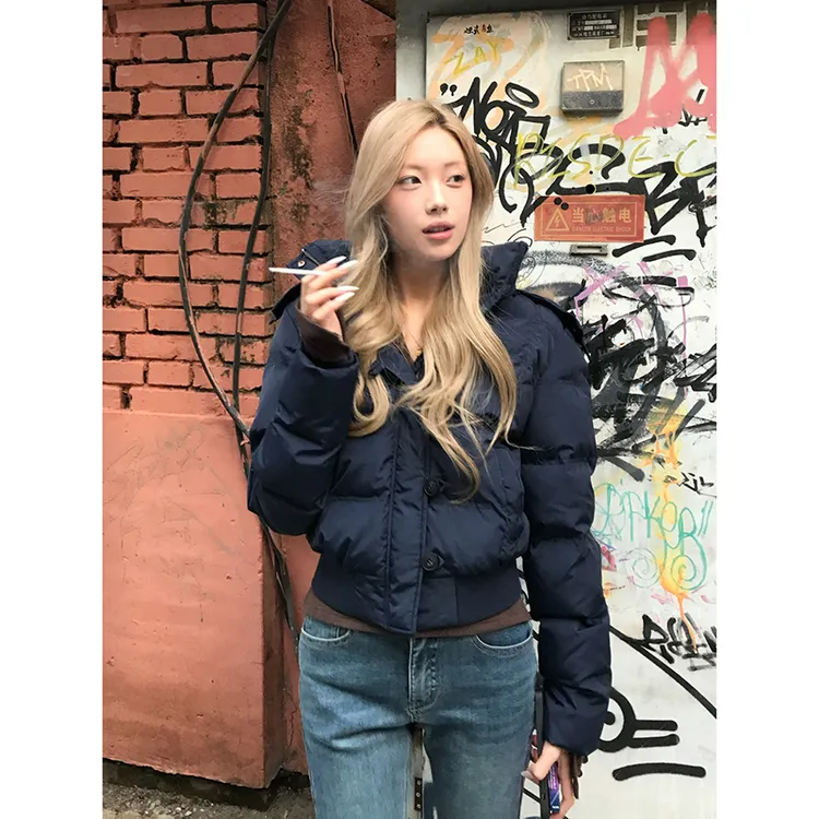 藏青色棉袄毛领连帽棉服外套女冬季2025新款休闲加厚保暖短款棉衣