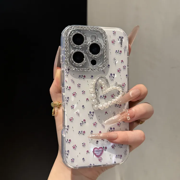 高颜值小碎花立体爱心珍珠适用苹果16promax手机壳iPhone15全包14