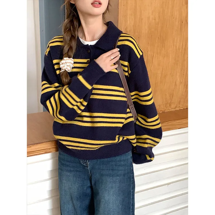 韩系条纹polo翻领套头卫衣针织衫女早秋季新款氛围感慵懒宽松毛衣