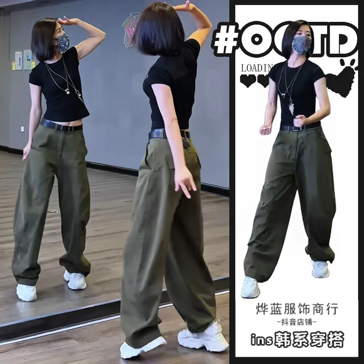 百搭显瘦修身休闲黑色短袖上衣2025宽松时尚直筒阔腿裤两件套