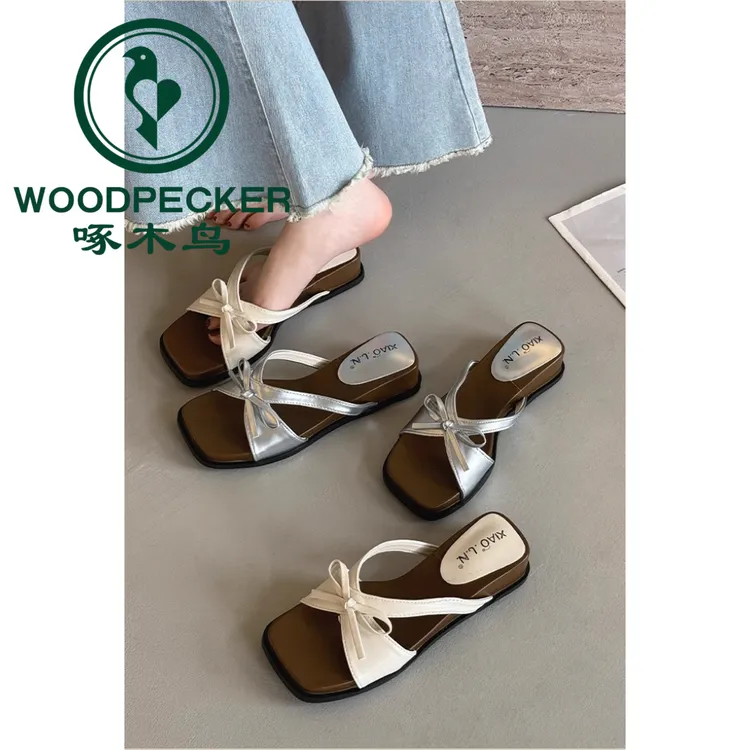 啄木鸟拖鞋女夏外穿2025新款韩系复古百搭蝴蝶结配裙子厚底凉拖鞋