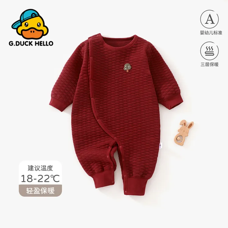 小黄鸭新生婴儿衣服秋冬初生红色加厚a类哈衣爬爬服宝宝连体衣
