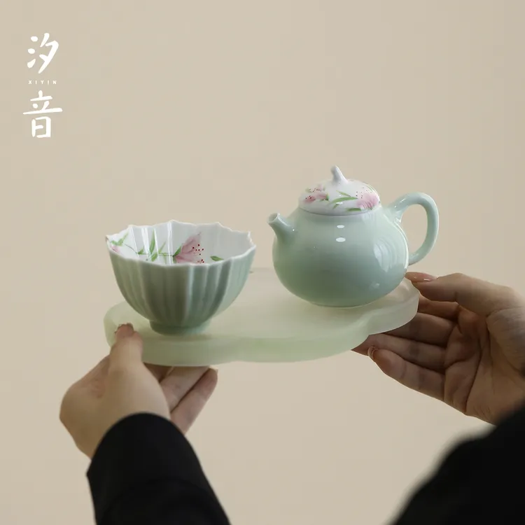 汐音  釉下彩手绘百合花茶壶茶杯中式花口杯家用一壶一杯功夫茶具