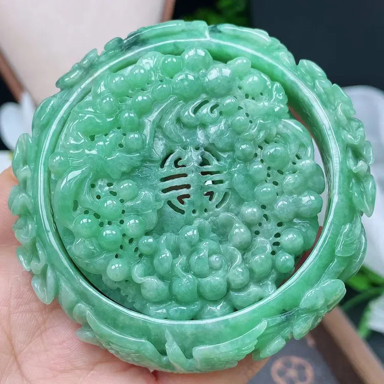 天然缅甸A货精雕58.6圈口满色花鸟翡翠雕花手镯套装