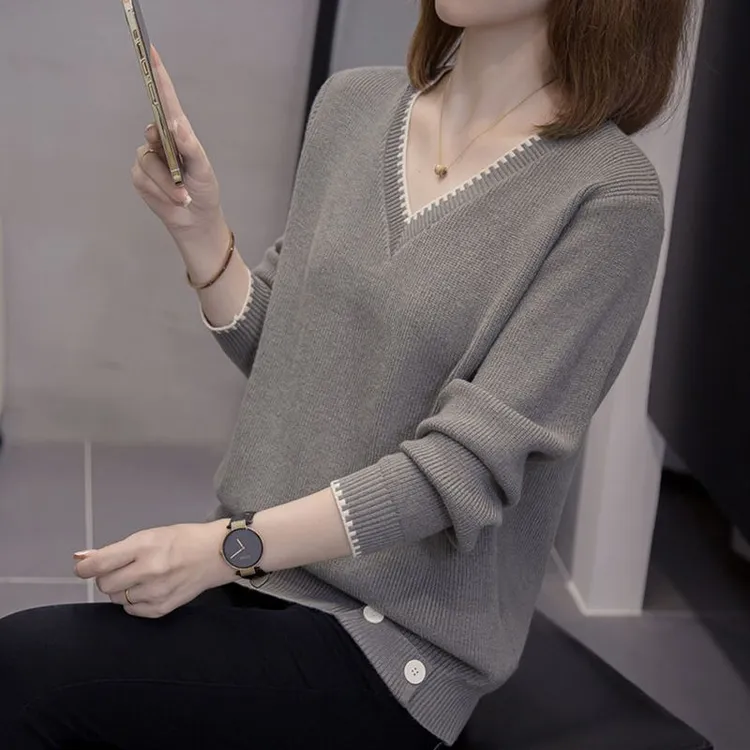 200斤可穿V领毛衣女宽松大码洋气时尚拼色显瘦百搭打底针织衫上衣