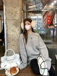 韩系灰色刺绣针织衫毛衣女气质老钱风宽松毛衣#8629
