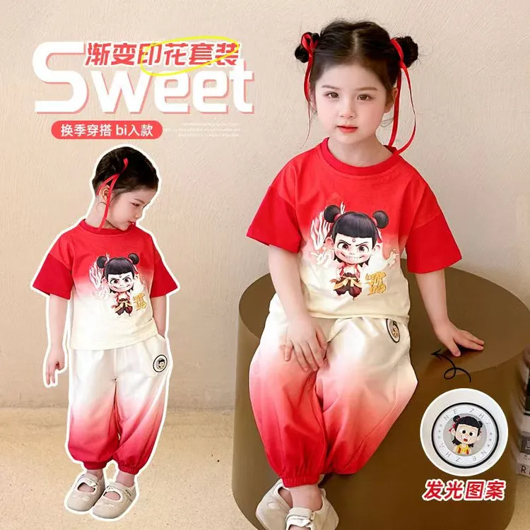 女童哪吒短袖套装儿童新款夏季宝宝洋气可爱2025休闲两件套夏装
