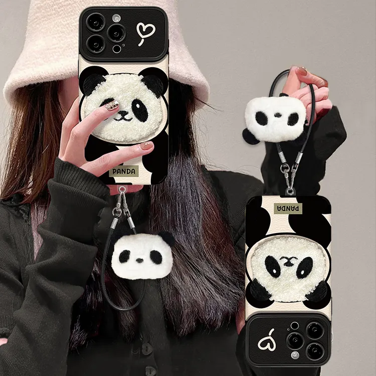 毛绒熊猫适用苹果17华为VIVO/OPPO小米iPhone16Pro视窗贴皮手机壳