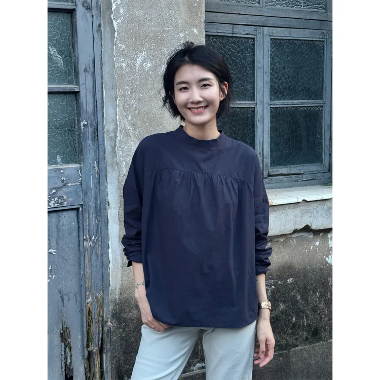 LANGQING 圆领拼接纯棉简约长袖衬衫46379#