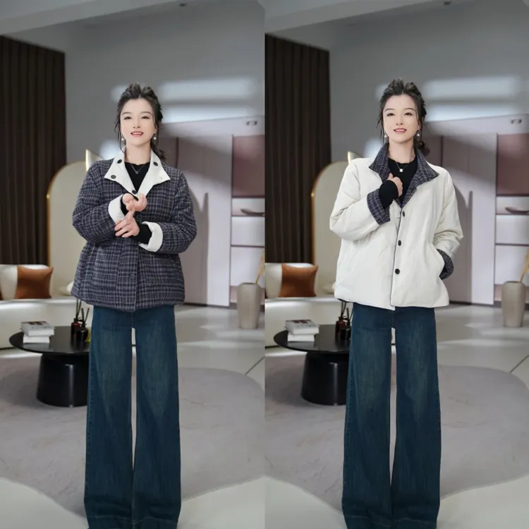 韩系格纹双面穿棉服外套女冬季棉衣2025年新款棉袄百搭保暖加厚潮