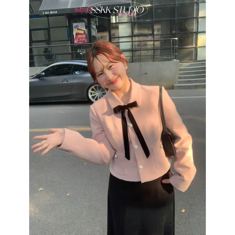 KMZY/KMZY山_山【浪漫之都】微胖韩系气质蝴蝶结丝带夹棉小香外套女