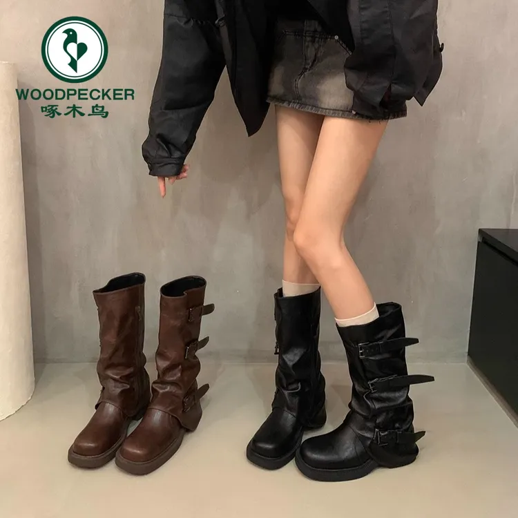 啄木鸟厚底皮带扣西部靴子女拖地靴皱褶堆堆靴英伦风中长筒裤管靴