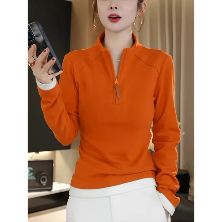 橘色立领打底衫T恤女士秋冬高级感内搭修身显瘦半拉链德绒上衣