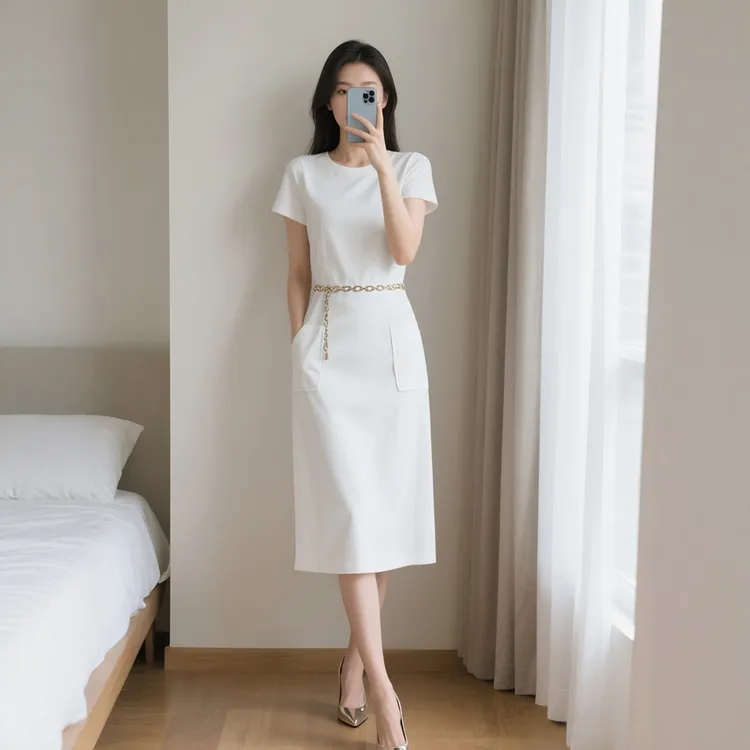 2025夏季新款女装时尚白色气质收腰连衣裙轻熟风通勤包臀职业女士