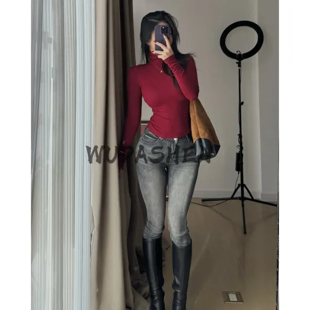 【你伍老板娘】丰胯灰色牛仔高腰紧身裤