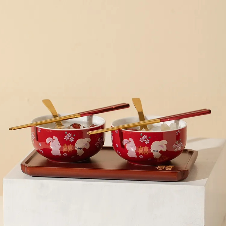 喜碗红色一对碗筷餐具套装结婚新婚礼物乔迁新居生日婚庆家用实用