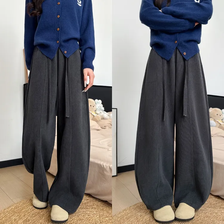 雪尼尔弯刀裤女秋冬2025加绒美式高腰宽松小个子阔腿休闲慵懒卫裤