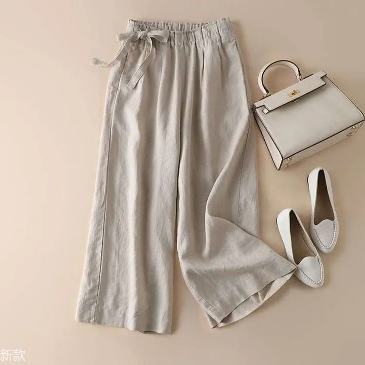 棉麻九分阔腿裤女2023夏季薄款高腰侧边系带复古文艺松紧休闲长裤