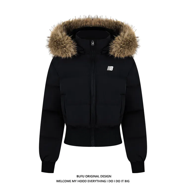 亿万少年BUFU冬季短款毛领连帽棉服收腰显瘦高级感棉衣座山雕外套