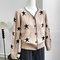 飞飞家~星星提花！！欧货高品质泡泡袖V毛衣女T113燕麦