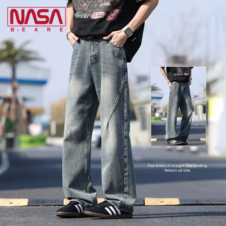 NASA联名水波纹牛仔裤男士夏季薄款2026新款美式直筒宽松阔腿长裤