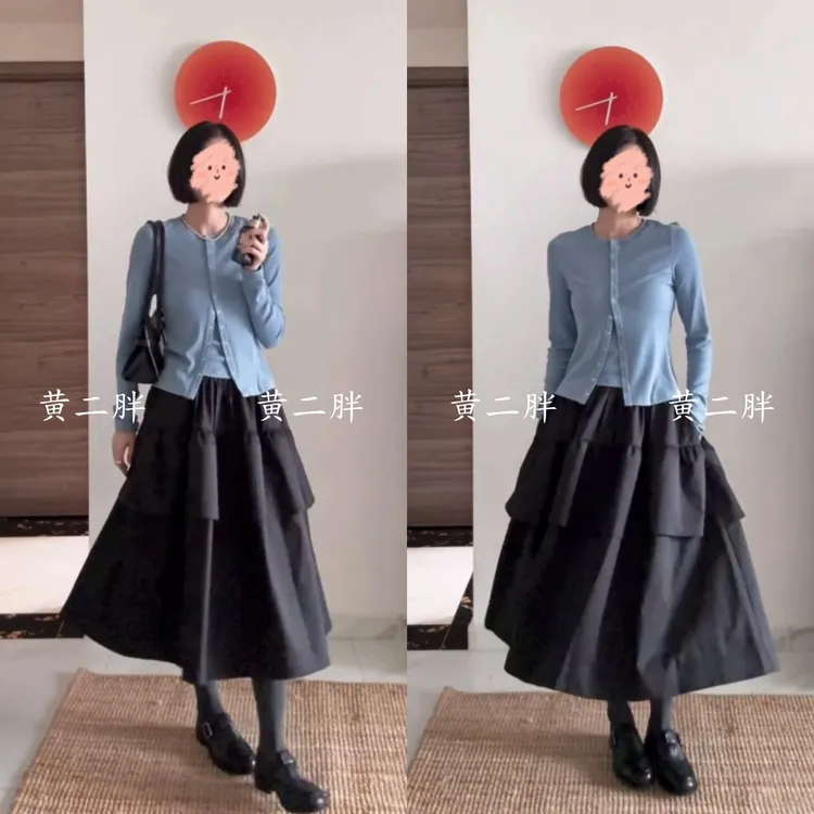 长袖圆领针织开衫女秋季新款韩系修身显瘦外穿上衣+半身裙两件套