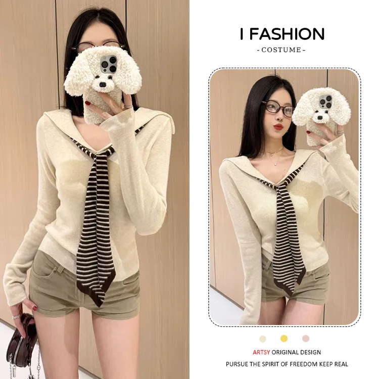 学院风海军领长袖针织衫女2026年春秋新款条纹披肩拼接假两件上衣