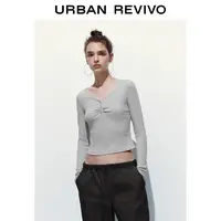 UR2025冬季新款女装简约褶皱纽扣式坑条肌理修身T恤UYB450011