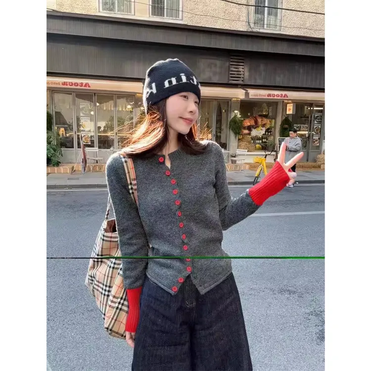 撞色复古设计感针织开衫女秋季2025新款修身显瘦单排扣时尚毛衣潮
