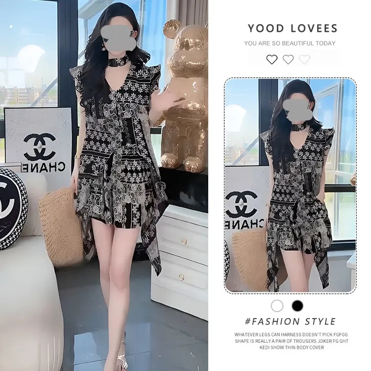 夏日独特别致套装2025夏季新款时尚飘带v领飞飞袖衬衫短裤两件套