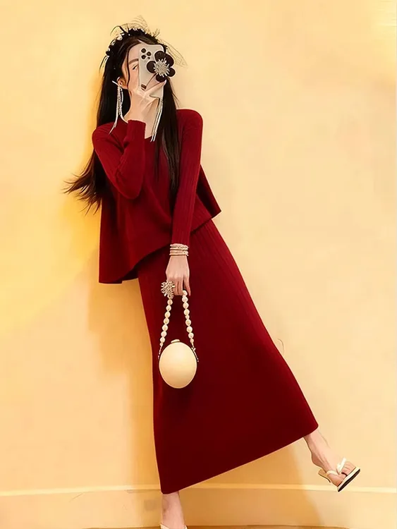 秋冬套装女2025新款高级感法式百搭针织毛衣气质显瘦半身裙两件套